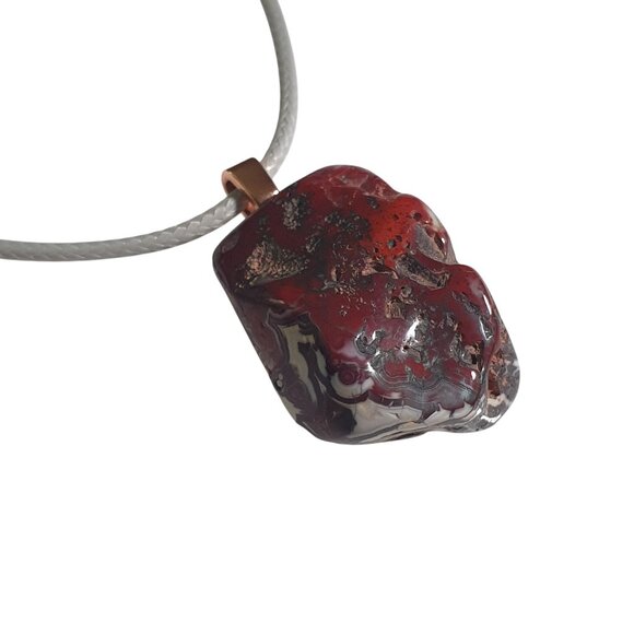 Brecciated Jasper Polished Stone Pendant Necklace Gray Leather Cord Adjustable - Picture 4 of 5